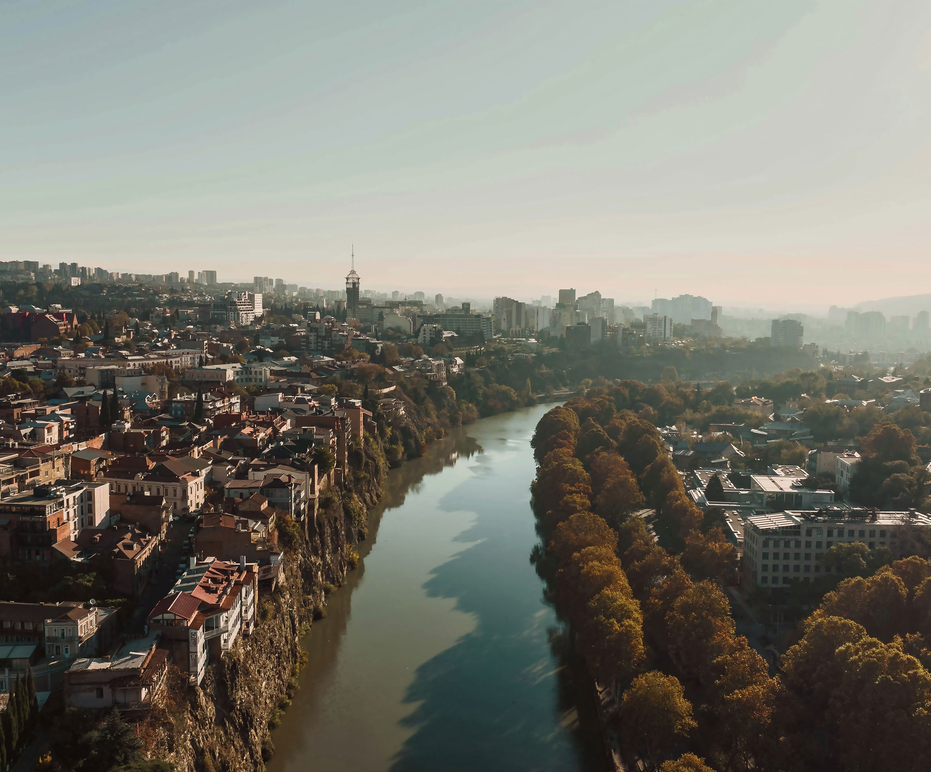 Kura River flowing through Tbilisi with scenic natural landscape — location of Tbilisi Waterfront development