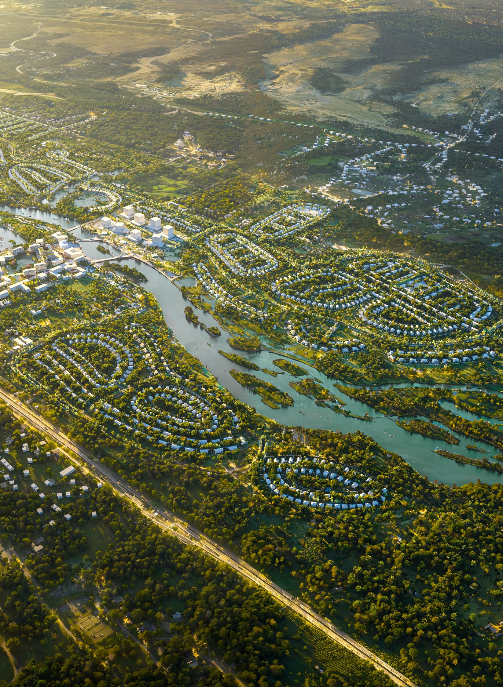 Tbilisi Waterfront aerial masterplan view showing luxury residential community along the Kura River