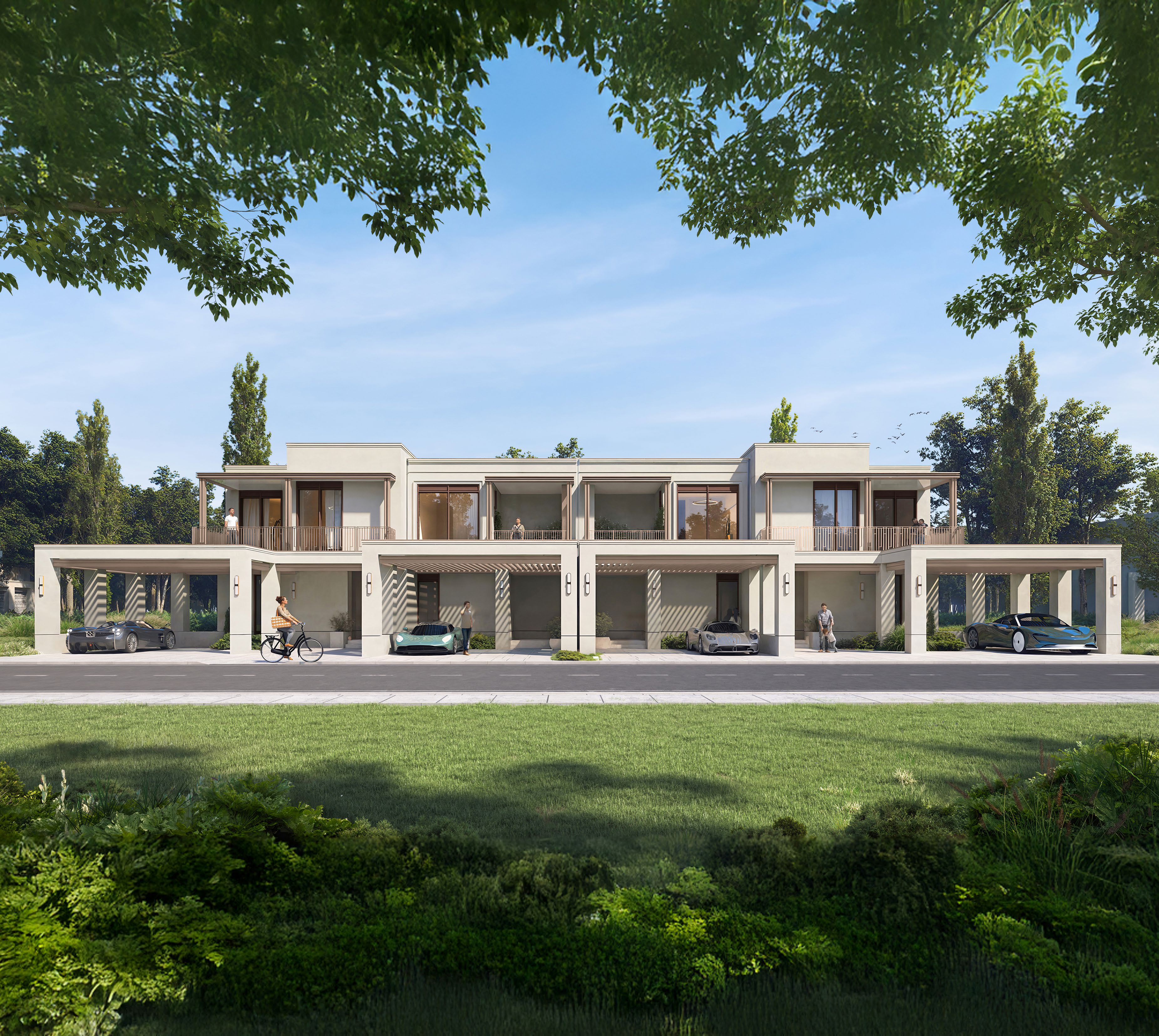 Modern townhouse exterior at Tbilisi Waterfront with private carport and landscaped entrance