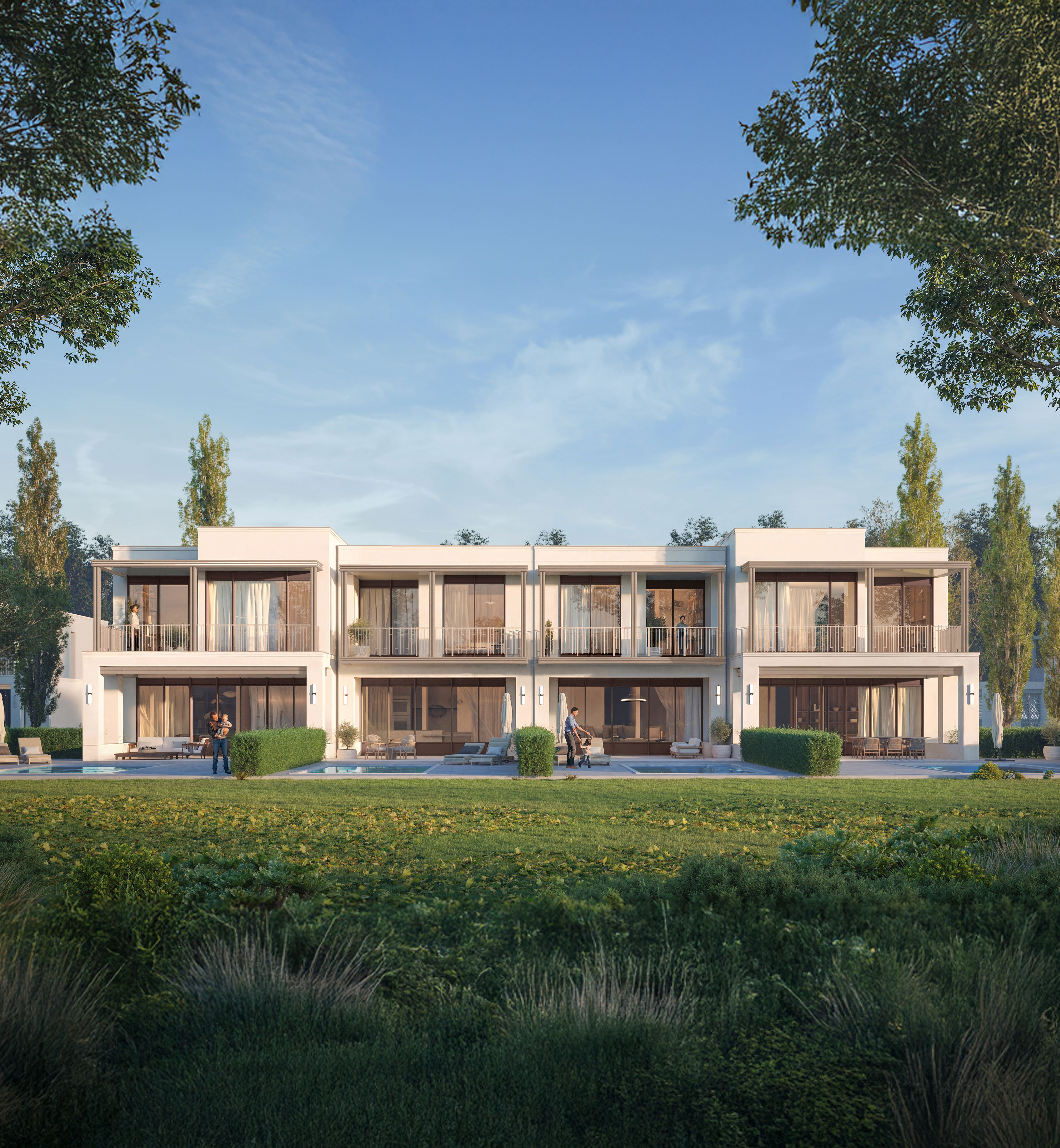 Tbilisi Waterfront townhouse rear garden view with contemporary design and landscaped surroundings